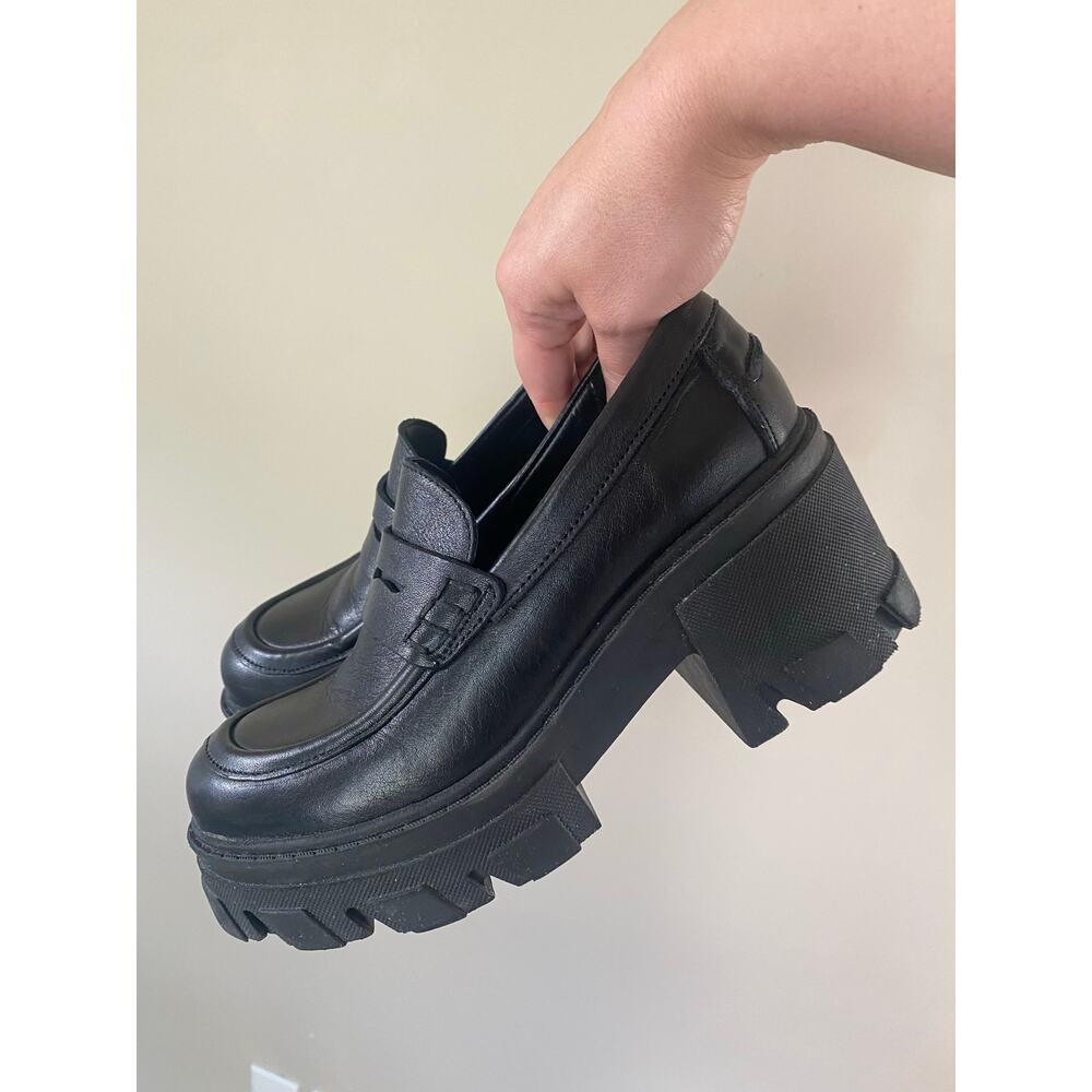 Steve Madden Beth Chunky Heel Platform Leather Loafers- Size 7 (6)Black Women's